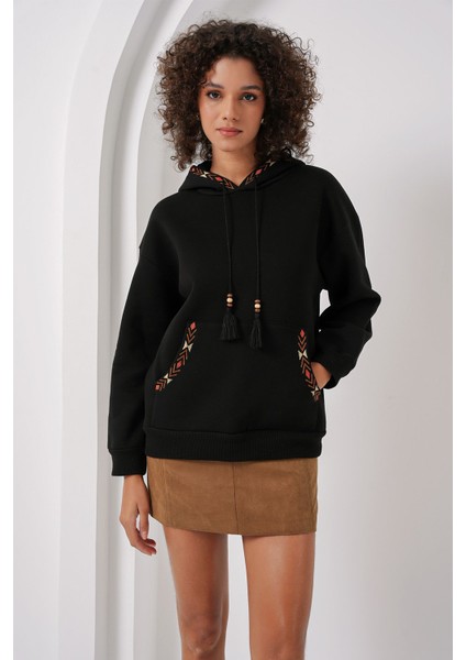 Kadın BDART Ponponlu Kapüşonlu Oversized Sweatshirt Black