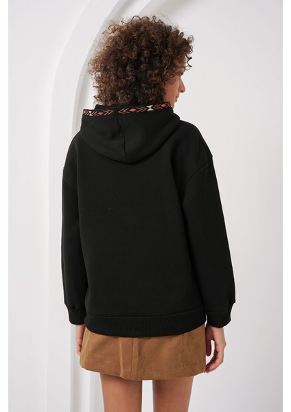 Kadın BDART Ponponlu Kapüşonlu Oversized Sweatshirt Black