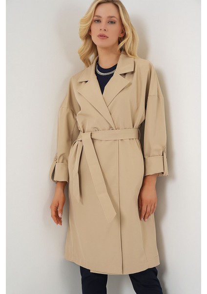Kadın BDART Desenli Polyester Trençkot, Şal Yaka Bej Doğal