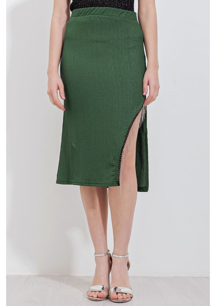 Kadın BDART Zincir Detaylı Dokulu Midi Etek Green