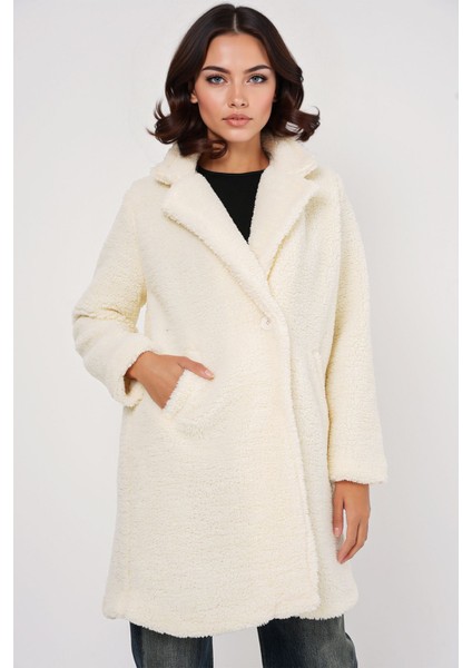 Kadın BDART Şal Yaka Peluş Oversize Sahte Kürk Ceket Fildişi Doğal