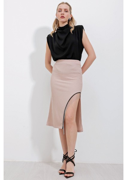 Kadın BDART Zincir Detaylı Dokulu Midi Etek Natural