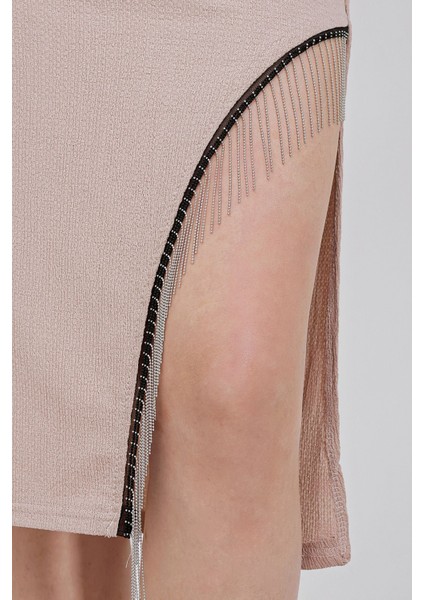 Kadın BDART Zincir Detaylı Dokulu Midi Etek Natural