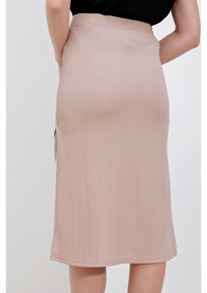 Kadın BDART Zincir Detaylı Dokulu Midi Etek Natural