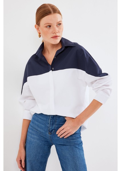 Kadın BDART Büyük Beden İki Renkli Poplin Gömlek Blue