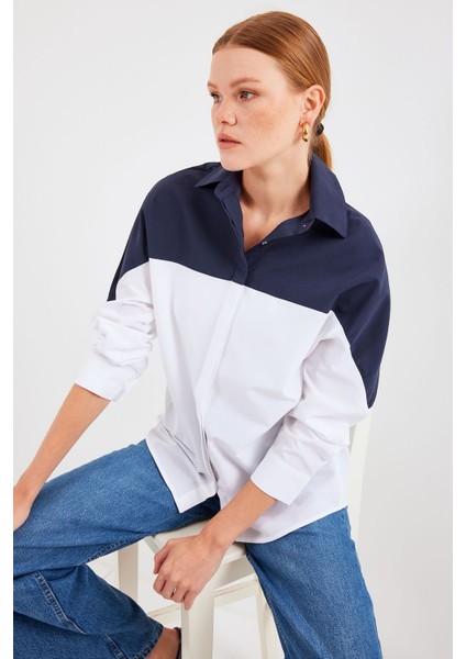 Kadın BDART Büyük Beden İki Renkli Poplin Gömlek Blue