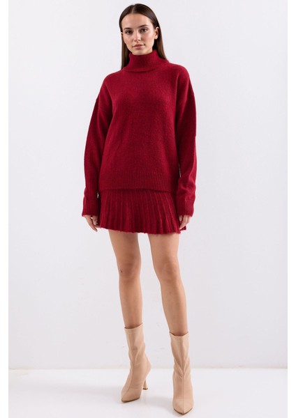 Kadın BDART Dokulu Oversize Yüksek Yaka Örme Takım Kırmızı