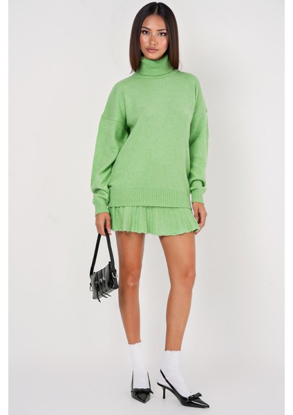 Kadın BDART Dokulu Oversize Yüksek Yaka Örme Takım Yeşil indirimleri