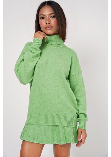 Kadın BDART Dokulu Oversize Yüksek Yaka Örme Takım Yeşil