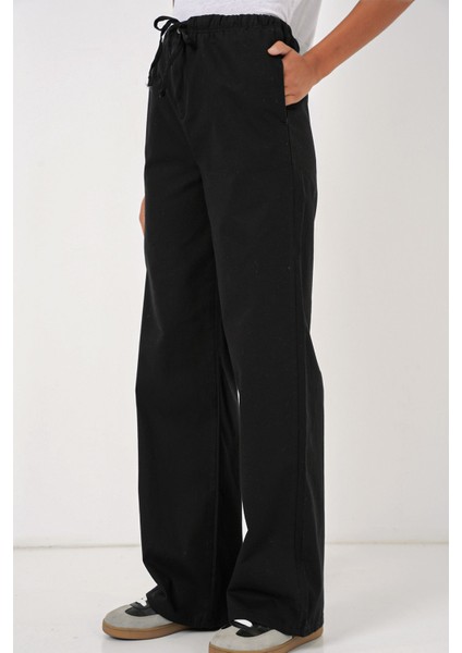 Kadın BDART Kemerli Geniş Paça Pamuk Pantolon Siyah