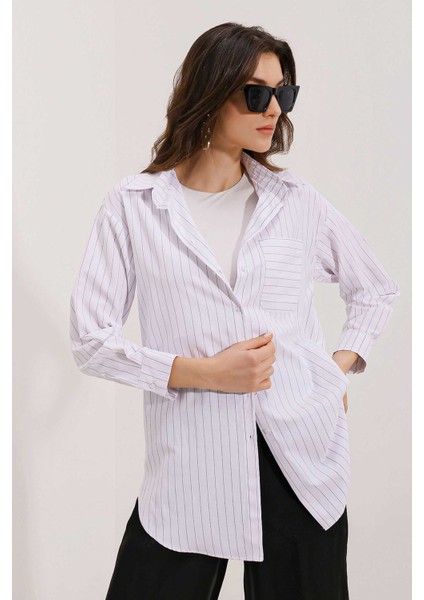 Kadın BDART Cep Detaylı, Büyük Beden, Çizgili Poplin Gömlek White
