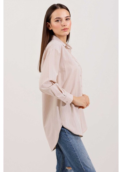 Kadın BDART Cep Detaylı, Büyük Beden, Çizgili Poplin Gömlek Natural