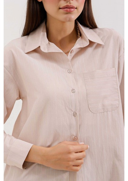 Kadın BDART Cep Detaylı, Büyük Beden, Çizgili Poplin Gömlek Natural