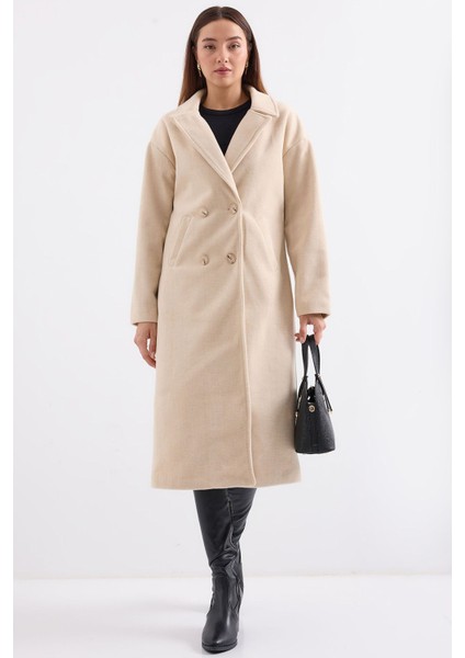 Kadın BDART Oversize Çift Düğmeli Herringbone Palto Natural
