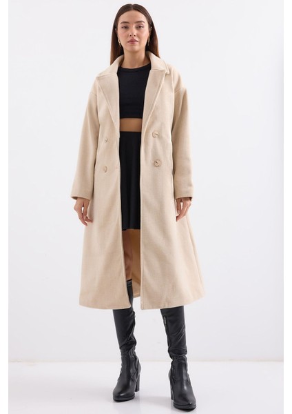 Kadın BDART Oversize Çift Düğmeli Herringbone Palto Natural
