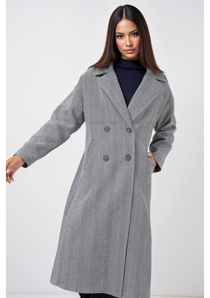 Kadın BDART Oversize Çift Düğmeli Herringbone Palto Lacivert