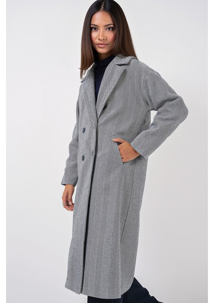 Kadın BDART Oversize Çift Düğmeli Herringbone Palto Lacivert