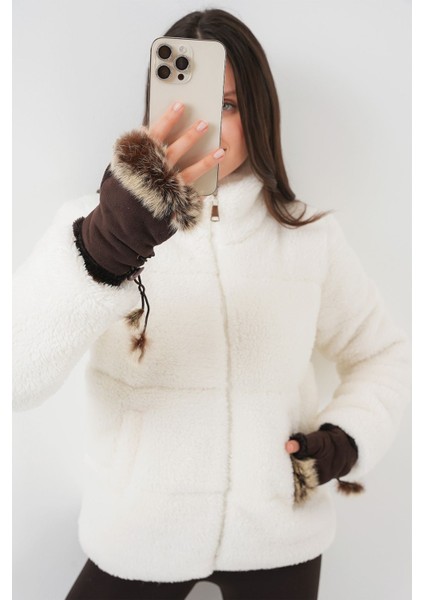 Kadın BDART Kalın Peluş Yapay Kürk Ceket Yaka Manto White