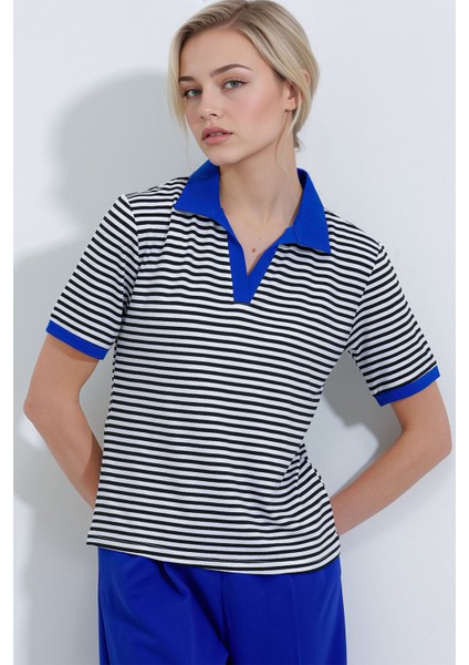 Kadın BDART Kısa Kollu Çizgili Polo Tişört Blue