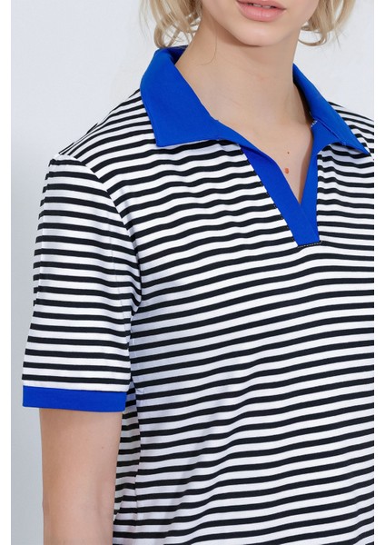 Kadın BDART Kısa Kollu Çizgili Polo Tişört Blue