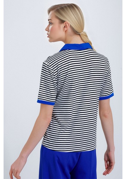 Kadın BDART Kısa Kollu Çizgili Polo Tişört Blue