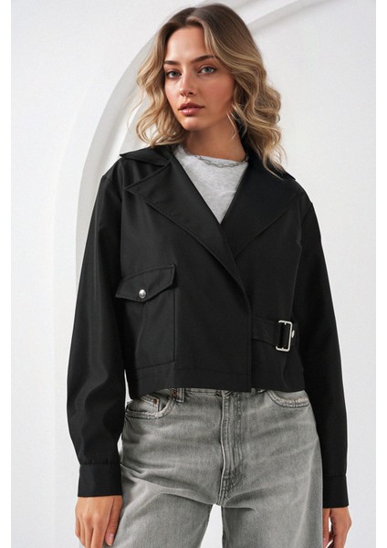 Kadın BDART Kısa Dar Polyester Trençkot Gömlek Yaka Black fiyatları