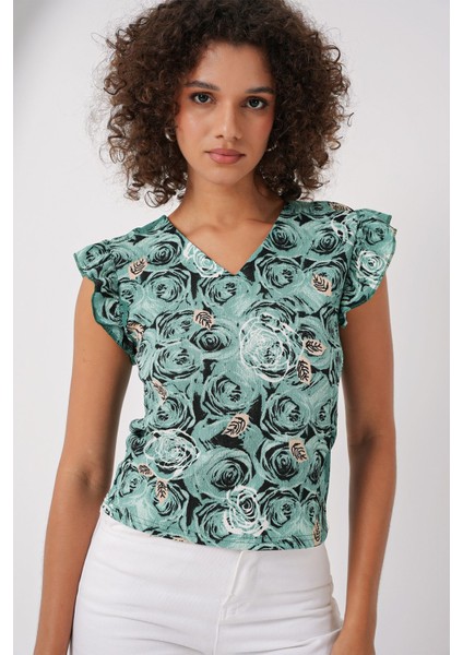 Kadın BDART Nakışlı Dokulu Yuvarlak Yakalı Bluz Green fırsatları