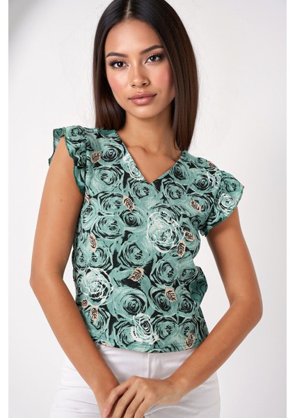 Kadın BDART Nakışlı Dokulu Yuvarlak Yakalı Bluz Green