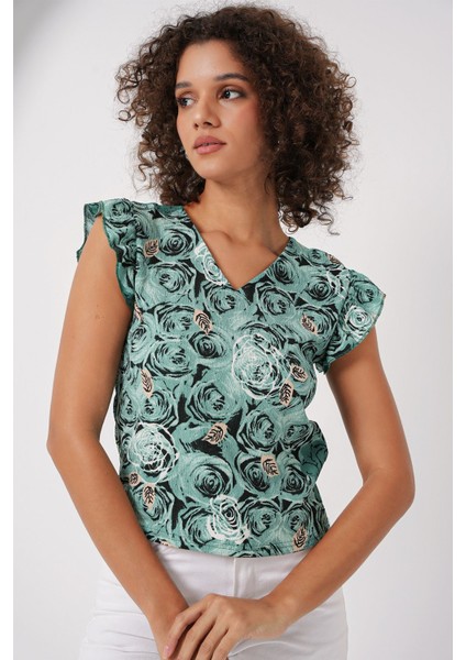 Kadın BDART Nakışlı Dokulu Yuvarlak Yakalı Bluz Green