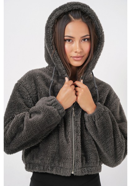 Kadın BDART Sahte Kürk Leopar Desenli Kapşonlu Crop Hoodie Grey
