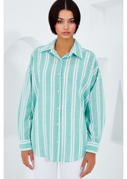 Kadın BDART Çizgili Geniş Kesim Düğmeli Gömlek Green