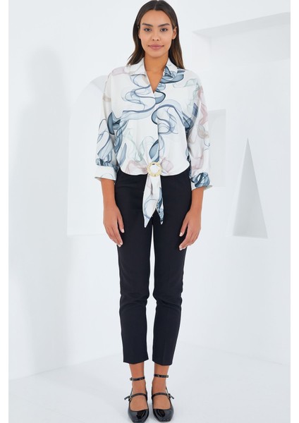 Kadın BDART Pompom Detaylı Desenli Kısa Gömlek Lacivert