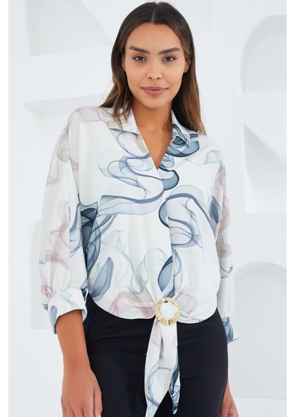 Kadın BDART Pompom Detaylı Desenli Kısa Gömlek Lacivert