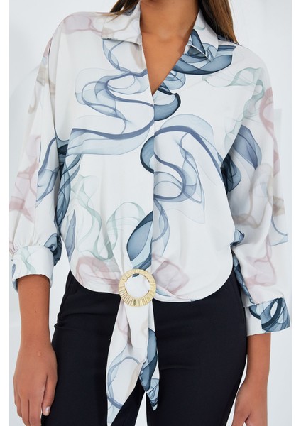 Kadın BDART Pompom Detaylı Desenli Kısa Gömlek Lacivert