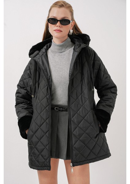 Kadın BDART Kapüşonlu Uzun Puff Down Ceket Siyah