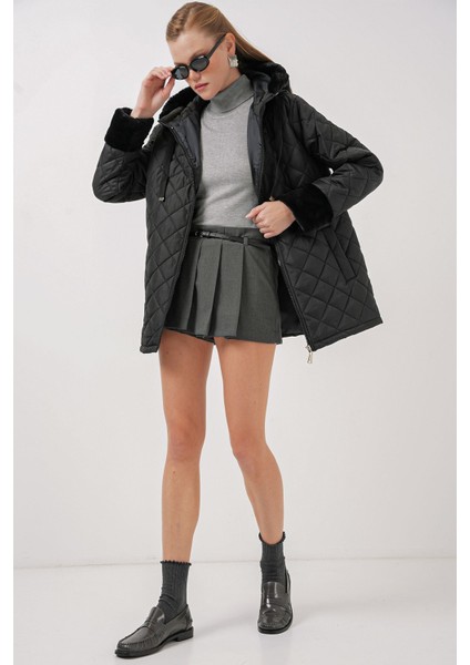 Kadın BDART Kapüşonlu Uzun Puff Down Ceket Siyah