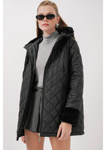 Kadın BDART Kapüşonlu Uzun Puff Down Ceket Siyah