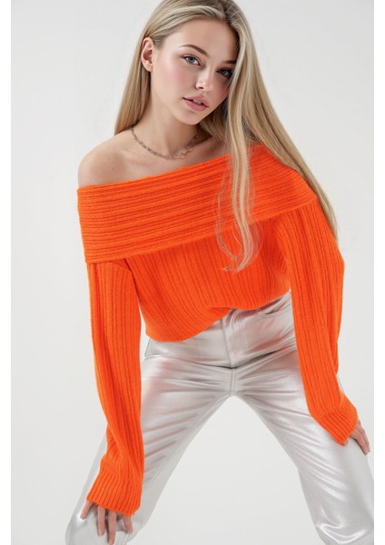 Kadın BDART Madonna Yaka Fitilli Bol Kesim Kazak Orange