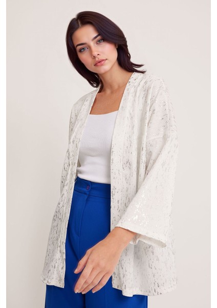 Kadın BDART Desenli Pompom Detaylı Şal Yaka Kimono Natural