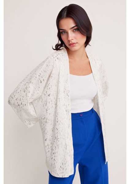 Kadın BDART Desenli Pompom Detaylı Şal Yaka Kimono Natural