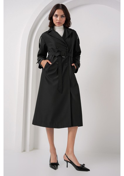 Kadın BDART Kruvaze Yaka Uzun Trençkot Siyah