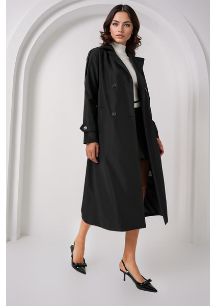 Kadın BDART Kruvaze Yaka Uzun Trençkot Siyah