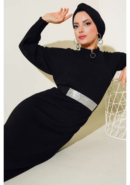 Kadın BDART Yüksek Yaka Ribanalı Triko Elbise Siyah