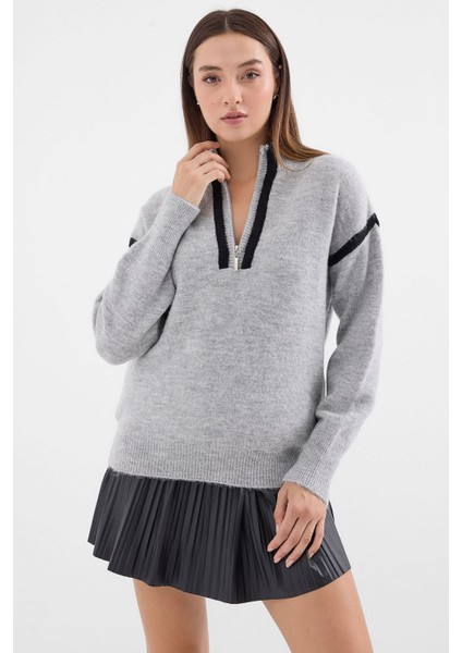 Kadın BDART Oversized Fermuarlı Yaka Triko Kazak Gri