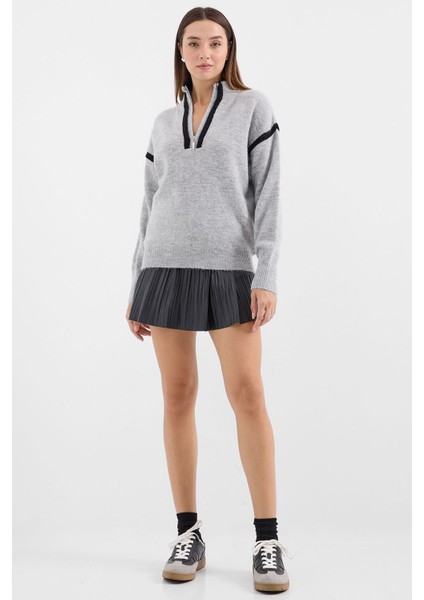 Kadın BDART Oversized Fermuarlı Yaka Triko Kazak Gri