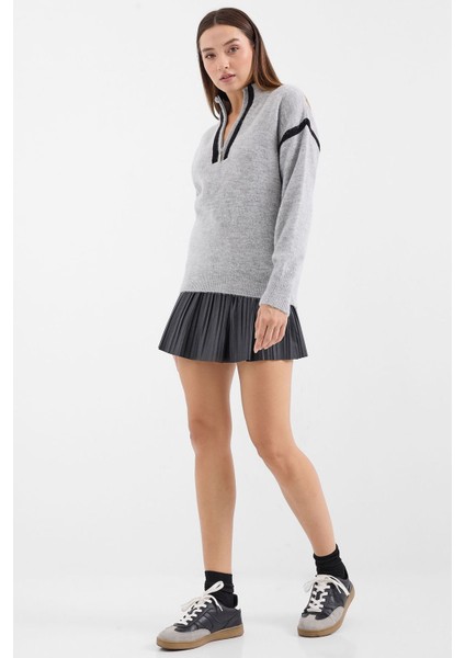Kadın BDART Oversized Fermuarlı Yaka Triko Kazak Gri
