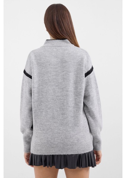 Kadın BDART Oversized Fermuarlı Yaka Triko Kazak Gri