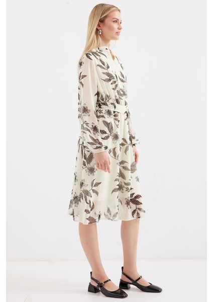 Kadın BDART Çiçek Desenli Midi Elbise ile Çekmeli Fildişi Doğal