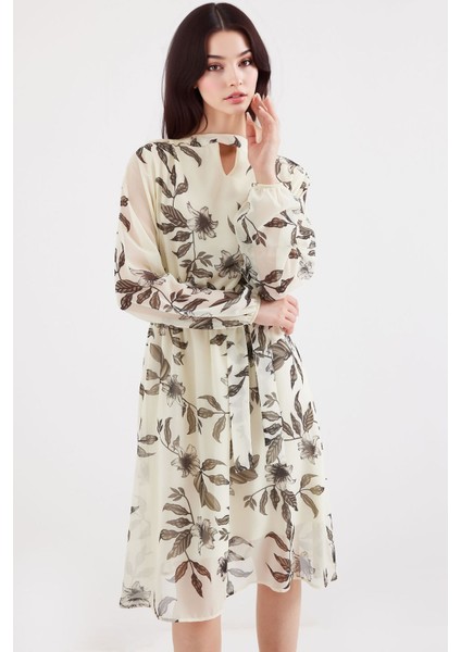 Kadın BDART Çiçek Desenli Midi Elbise ile Çekmeli Fildişi Doğal