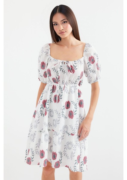 Kadın BDART Kare Yaka ve Fiyonk Detaylı Çiçekli Mini Elbise Fildişi Doğal indirimleri